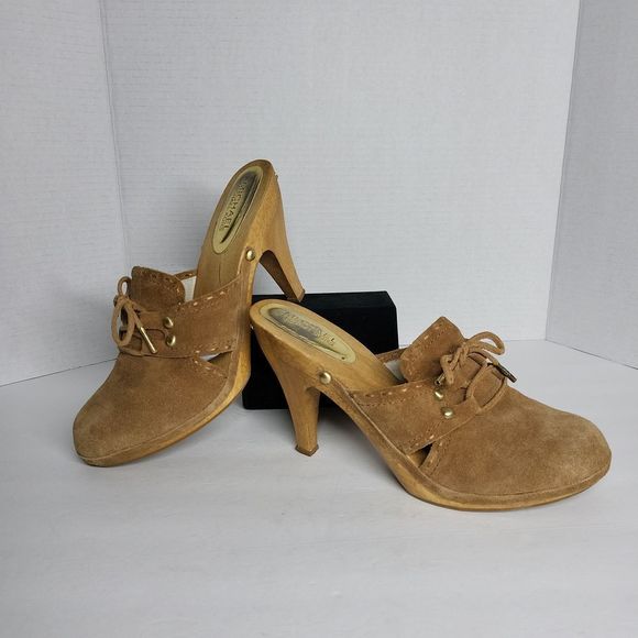 Michael Kors Brown Suede Leather & Wood Slide Heel Platform Mules Size 11 M - Picture 2 of 9